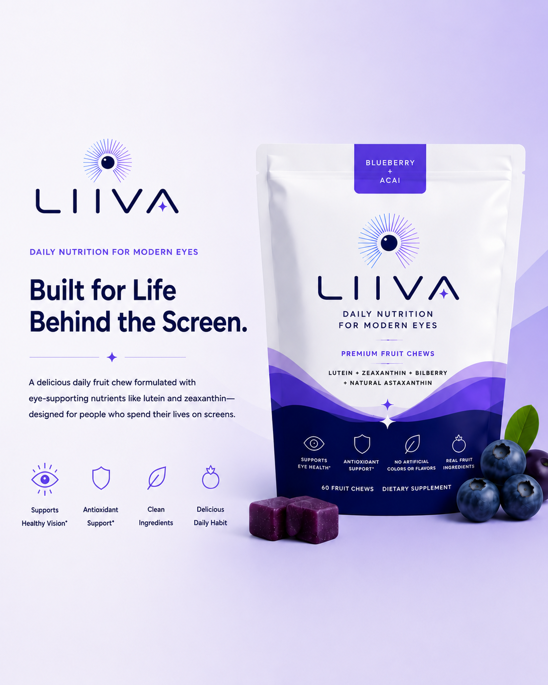Liiva Blueberry + Acai fruit chews packaging, surrounded by fresh blueberries